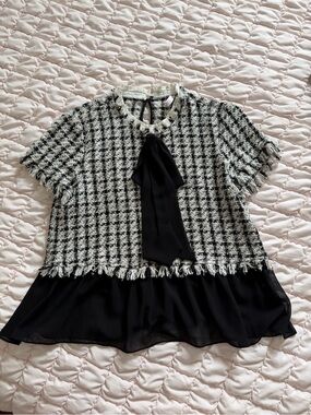 Zara Chic Black & White Tweed Bow-Front Women's Top